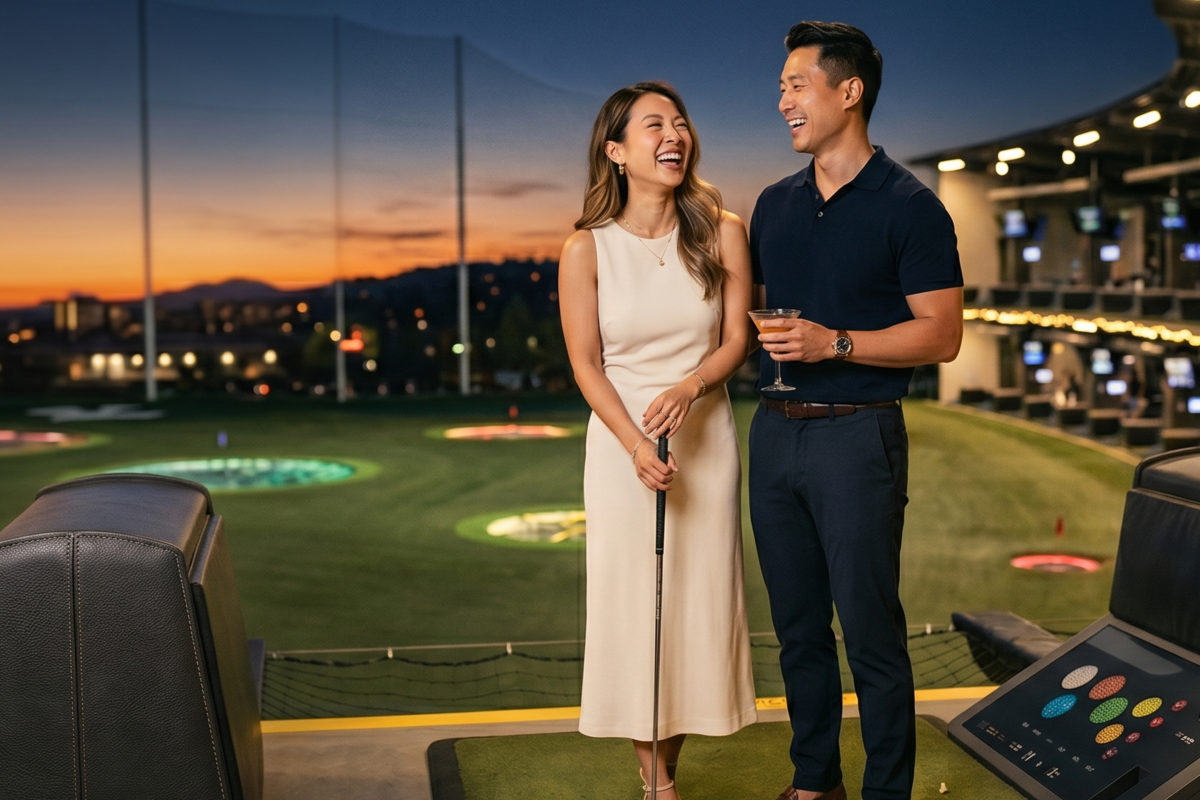 Korean couple laughing at TopGolf at golden hour